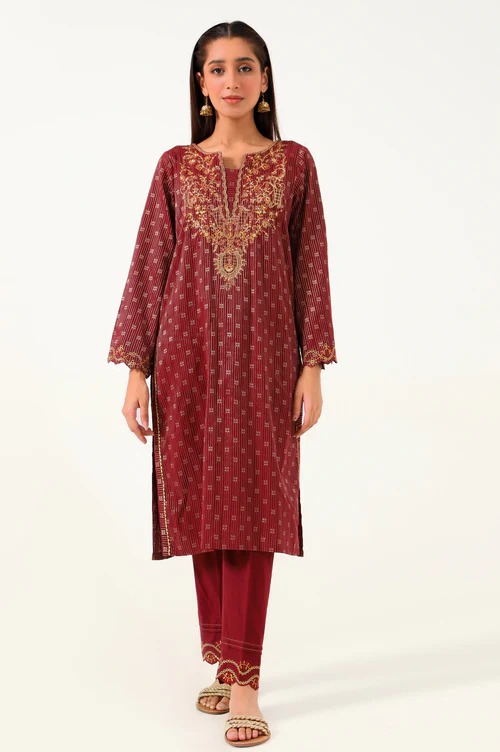 Stitched 2 Piece Cotton Jacquard Embroidered Suit
